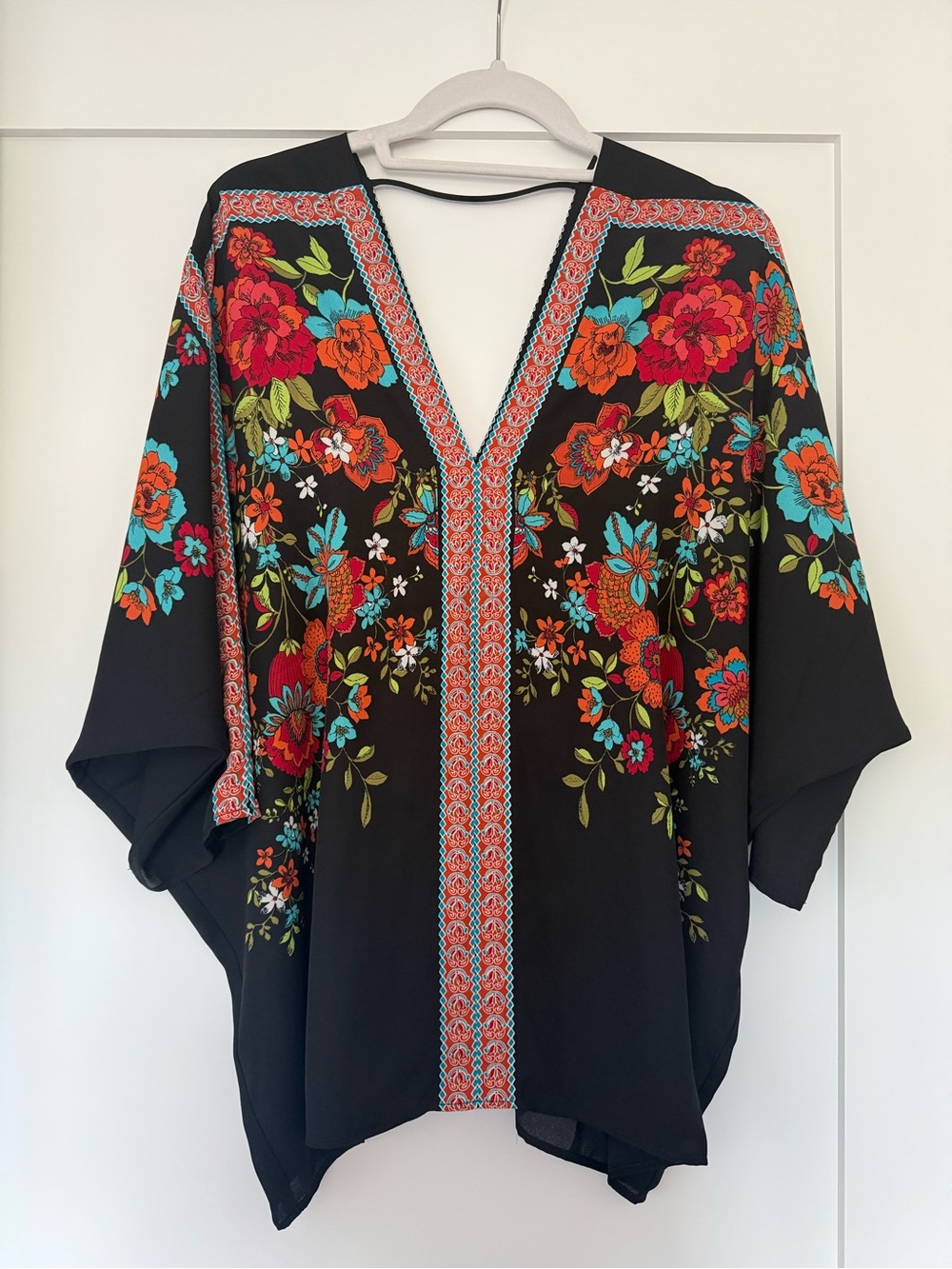 Rose & Olive Black Floral V-Neck Blouse with Red & Turquoise Accents L
